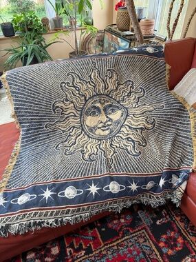 Vintage American Weavers Celestial Woven Blanket, Tapestry Throw, Wall Hanging.